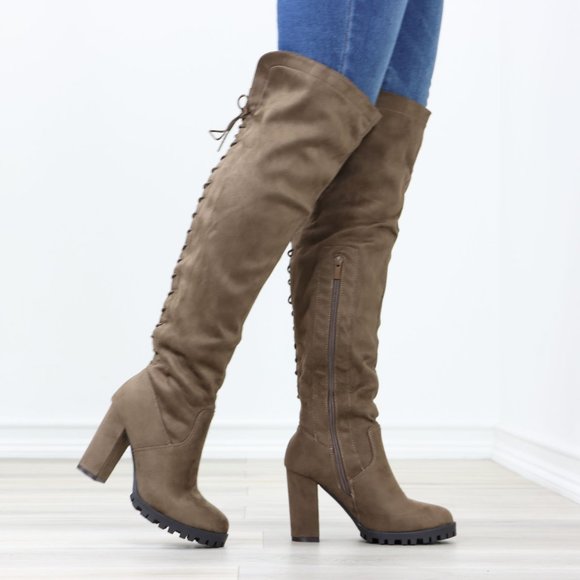Full Lace-Up Back Taupe Faux Suede Thigh High Over The Knee Lug Block Heeled Boo - Picture 14 of 14
